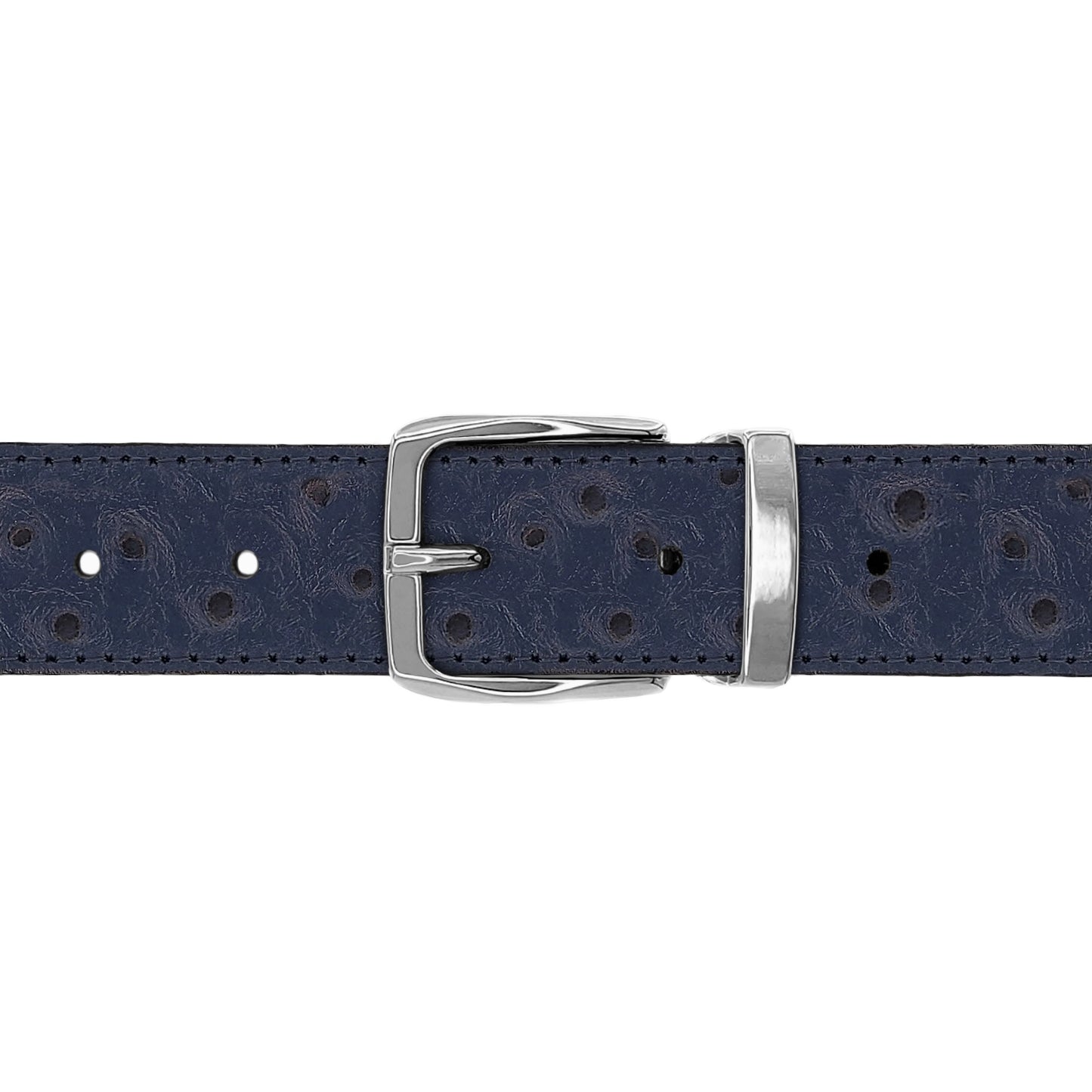 Ceinture 30 mm cuir façon autruche bleu marine boucle Côme argent