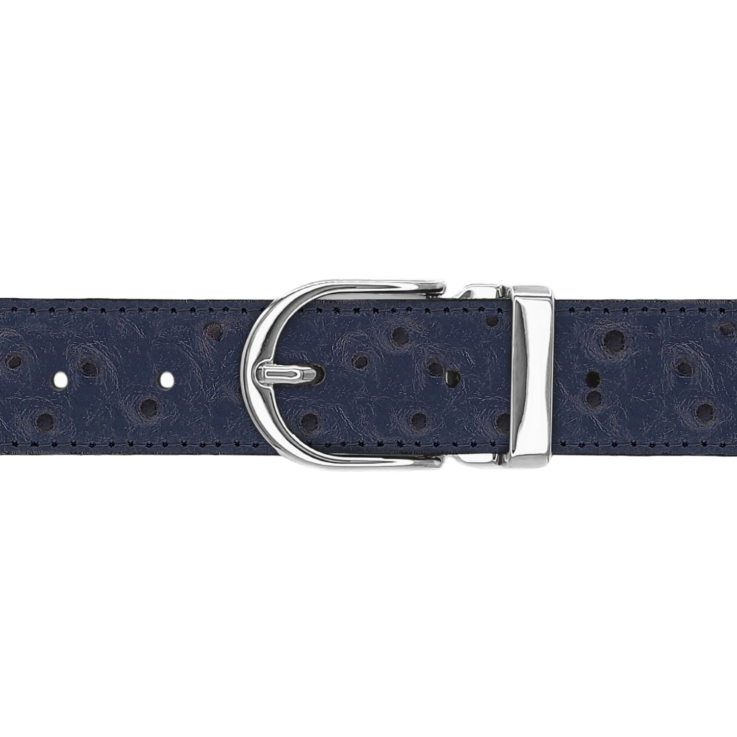 Ceinture 30 mm cuir façon autruche bleu marine boucle Roma argent