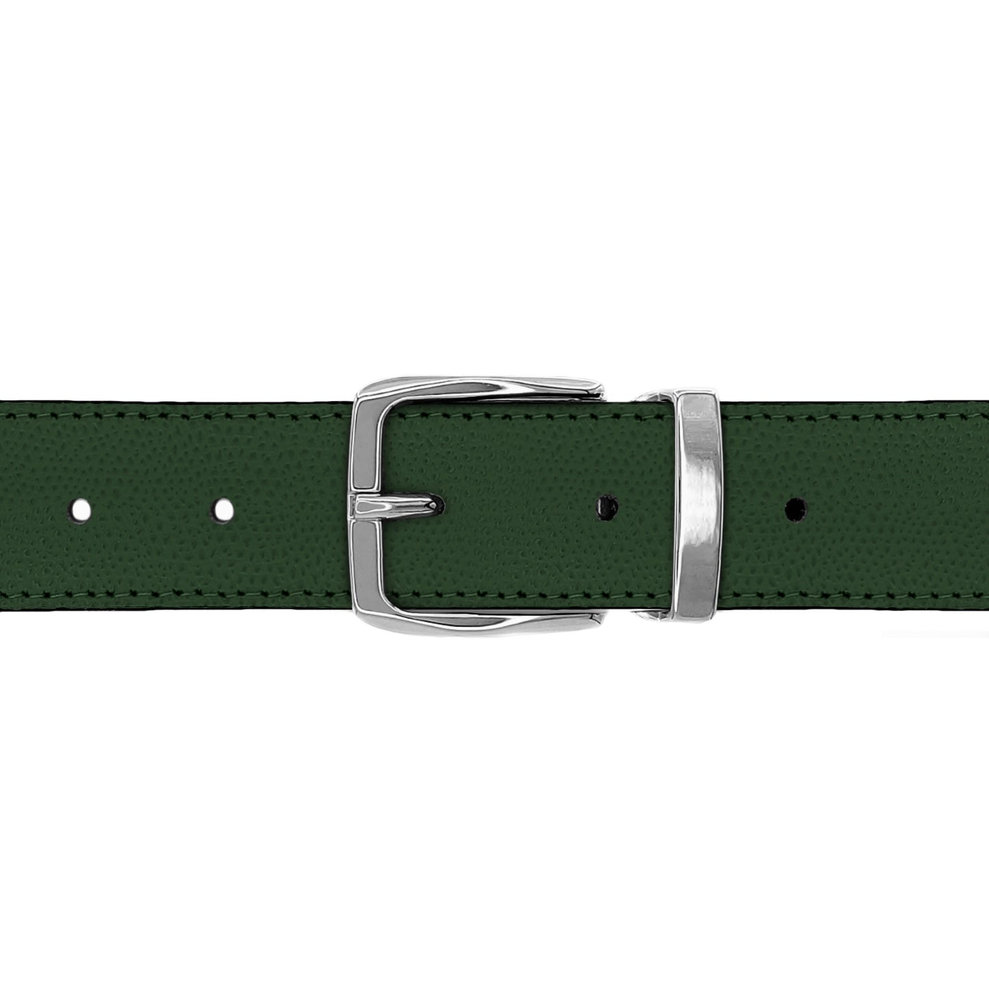 Ceinture 30 mm cuir grainé vert bouteille boucle Côme argent