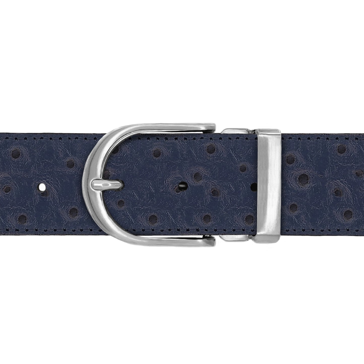 Ceinture 40 mm cuir façon autruche bleu marine boucle Roma mate