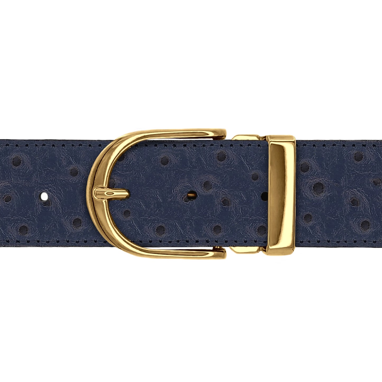 Ceinture 40 mm cuir façon autruche bleu marine boucle Roma or