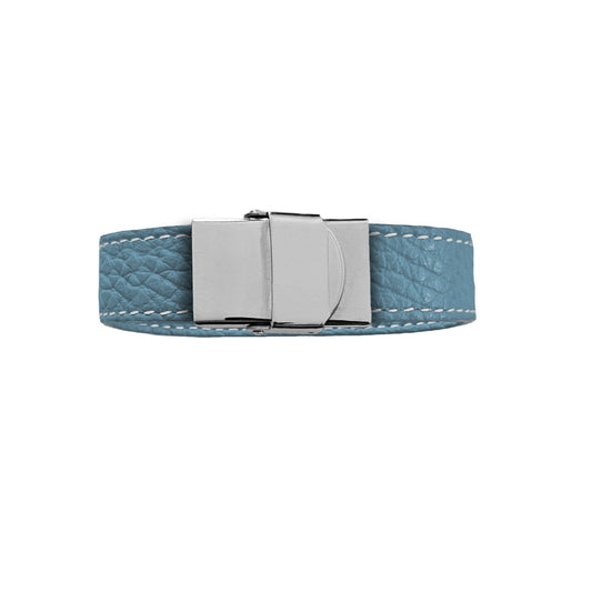 Bracelet 15 mm cuir souple bleu ciel fermoir acier inoxydable brillant