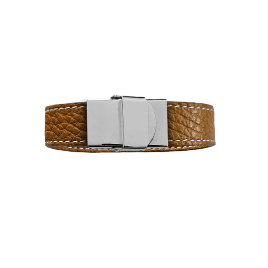 Bracelet 15 mm cuir souple cognac fermoir acier inoxydable brillant