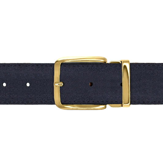 Ceinture 35 mm cuir retourné bleu marine boucle Capri or