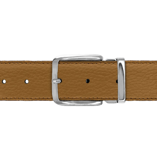 Ceinture 35 mm cuir souple cognac boucle Capri argent