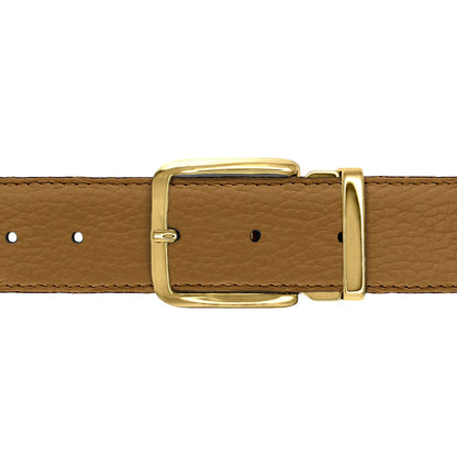 Ceinture 35 mm cuir souple cognac boucle Capri or