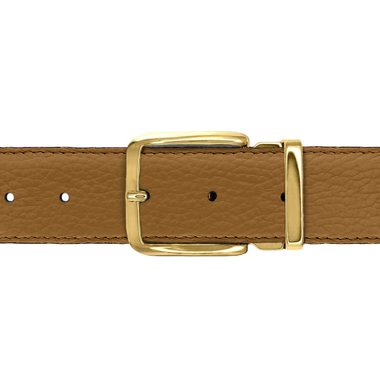 Ceinture 35 mm cuir souple cognac boucle Capri or