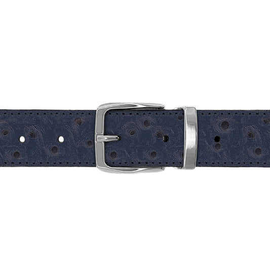 Ceinture 30 mm cuir façon autruche bleu marine boucle Côme argent