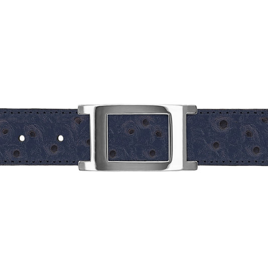 Ceinture 30 mm cuir façon autruche bleu marine boucle Portofino argent