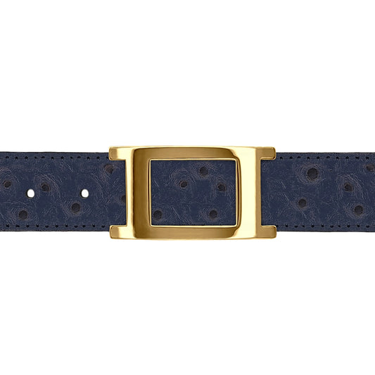 Ceinture 30 mm cuir façon autruche bleu marine boucle Portofino or