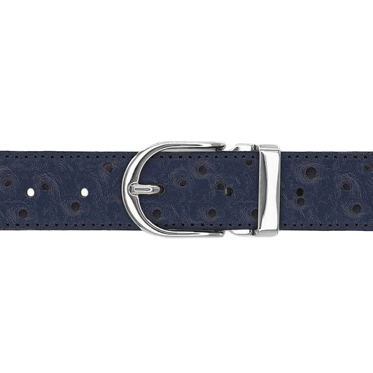 Ceinture 30 mm cuir façon autruche bleu marine boucle Roma argent