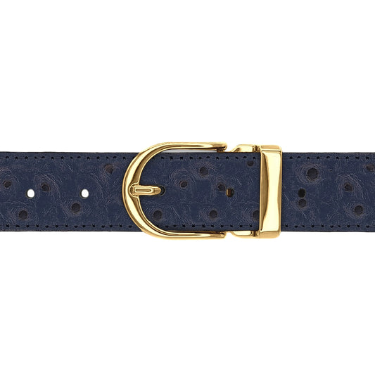 Ceinture 30 mm cuir façon autruche bleu marine boucle Roma or