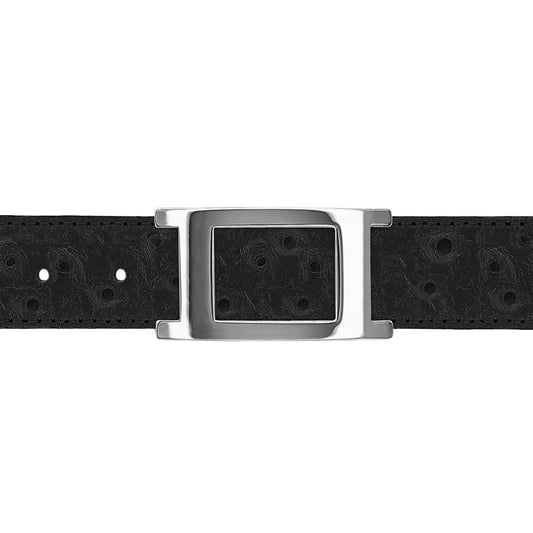 Ceinture 30 mm cuir façon autruche noir boucle Portofino argent