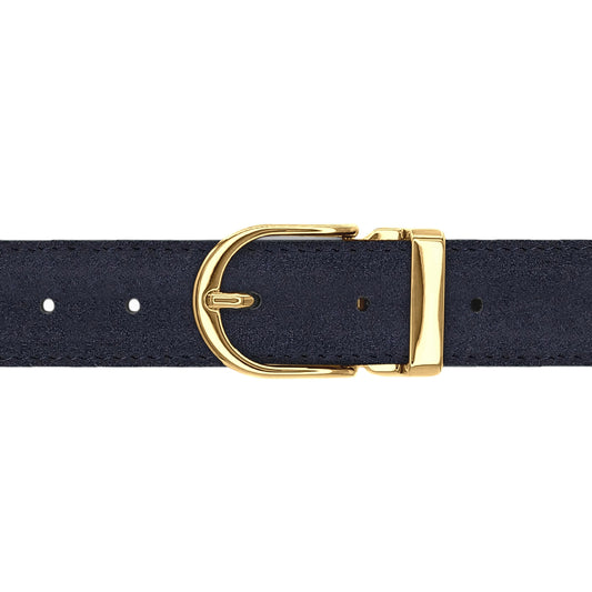Ceinture 30 mm cuir retourné bleu marine boucle Roma or