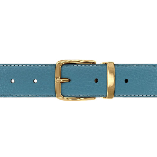 Ceinture 30 mm cuir souple bleu ciel boucle Côme or
