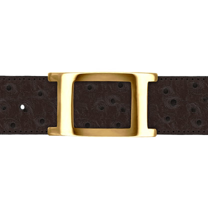 Ceinture 40 mm cuir façon autruche marron boucle Portofino or