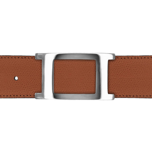 Ceinture 40 mm cuir grainé cognac boucle Portofino argent