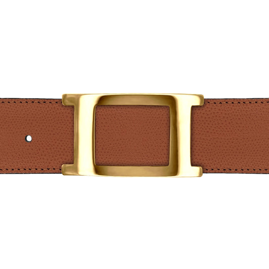 Ceinture 40 mm cuir grainé cognac boucle Portofino or