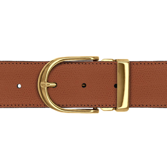 Ceinture 40 mm cuir grainé cognac boucle Roma or